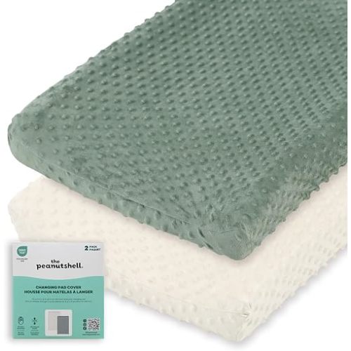 The Peanutshell Minky Dot Diaper Changing Pad Cover - Ultra Soft Baby Mat Cover for Boys & Girls, Fits 16” x 32” Changing Table Pads - Sage, 2 Pack