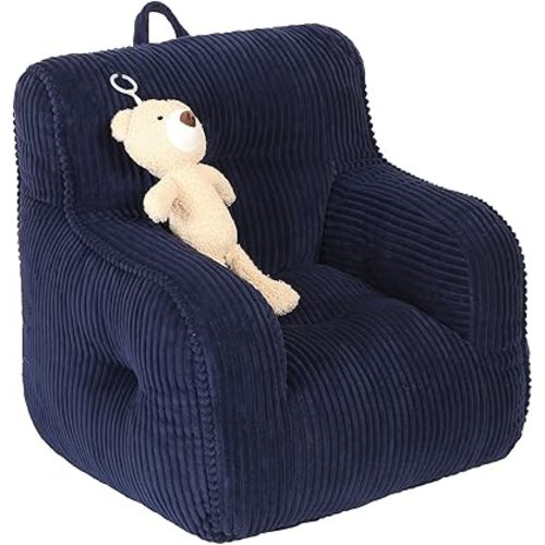 Kids Bean Bag Chair with a Plush Bear, Comfy Toddler Chair for Boys and Girls, Dark Blue
