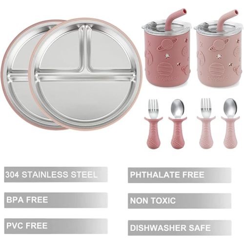 PandaEar Stainless Steel Baby Feeding Set | 2 Divided Suction Plates, 2 Spill-Proof Straw Cups with Silicone Sleeves, 2 Forks & 2 Spoons | Toddler Utensils for Baby Led Weaning, BPA-Free (Pink)