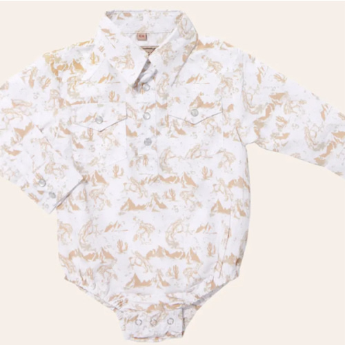 Rafter C Infant Boy's White & Khaki Conversation Print Western Onesie | Cavender's