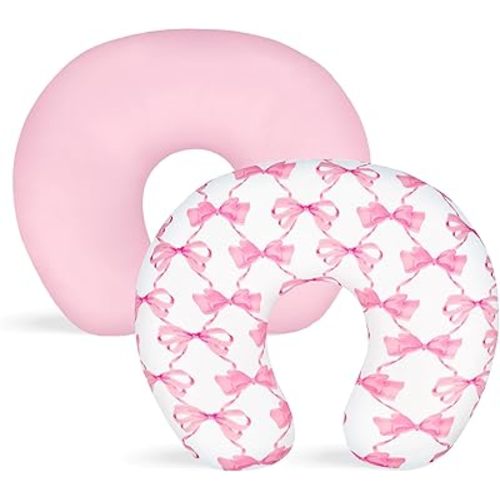 Nursing Pillow Cover 2 Pack, Stretchy Breastfeeding Pillow Covers, Removable Feeding Pillowcase for Newborn, Ultra Soft Nursing Pillow Slipcover for Baby Girls Boys, Pink Bow
