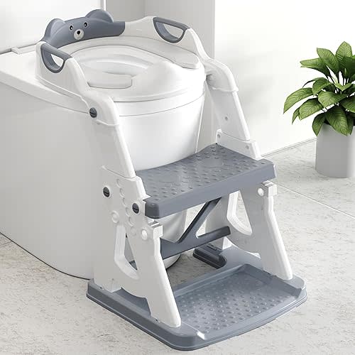 Potty Training Seat, 2 in 1 Potty Training Toilet with Step Stool for Boys Girls, Toddler Toilet Seat with Stabilizer Crossbar, Anti-Slip Pads and Splash Guard, Grey