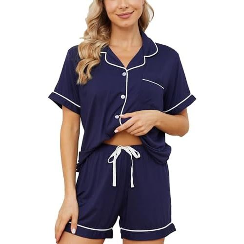 Womens Pajama Sets Short Sleeve Sleepwear Soft Button Down Nightwear Lounge Pj Set XS-XXL