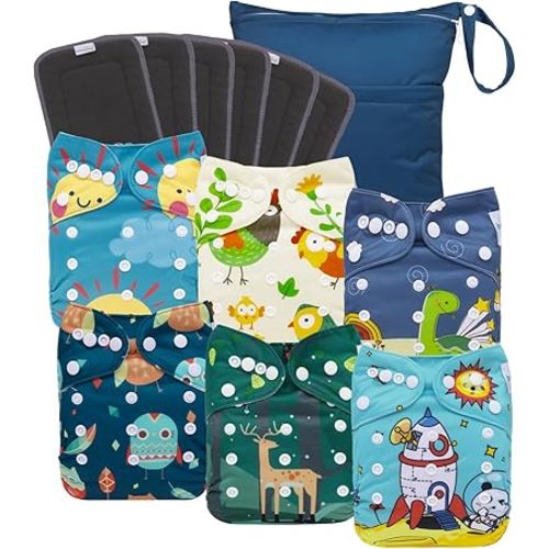 babygoal Reusable Charcoal Cloth Diapers with Double Gussets, 6 Pack Washable Baby Pocket Diapers with 6pcs Charcoal Inserts and Wet Dry Bag(Chick,Deer,Dinasaur)