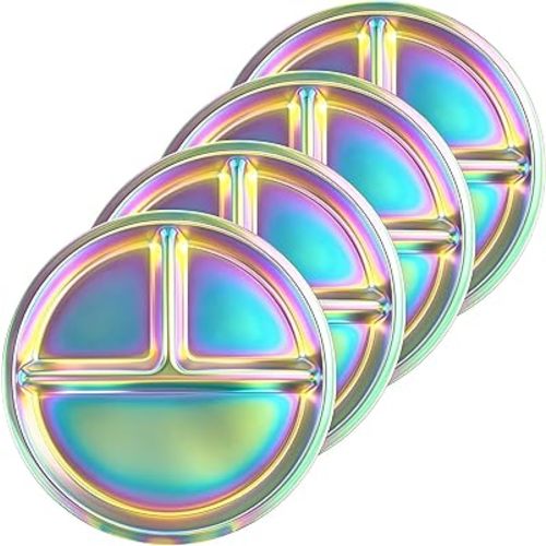4 Pcs Stainless Steel Kids Plates, Portion Control Platter with 3-Compartment, Unbreakable Dinner Plates, Divided Food Tray Stainless Steel Plate for Adult Kid, Camping, Lunch and Dinner (Colorful)