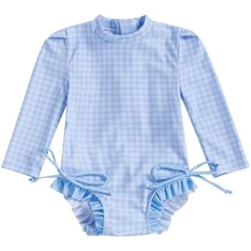 Yccutest Toddler Rash Guard One Piece Swimsuit Baby Girl Long Sleeve Ruffles Swimwear Zipper Bathing Suit Checkerboard Outfit