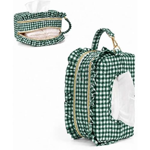 Double-Layer Wipe Holder Quilted Wipes Bag Small Hanging Diaper Bag Portable Wipe Pouch for Stroller, Home, Travel (Dark Green Gingham)