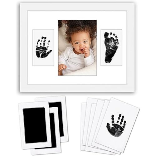 Americanflat Inkless Baby Hand and Footprint Kit with 3 Mess-Free Ink Pads - 9x12 Frame with Mat for 3 Openings and Shatter-Resistant Glass - Tabletop or Wall - Nursery Decor or Baby Shower - White
