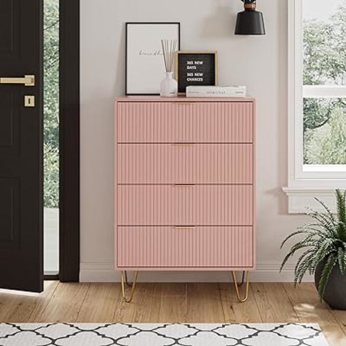 Masupu 4 Drawer Dresser, Drawer Chest, Tall Storage Dresser Chest Cabinet Organizer Unit with Gold Metal Legs, Nightstand for Bedroom, Living Room, Closet, Hallway Pink Stripe