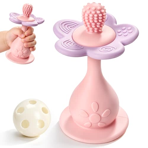 Baby Teething Toys 3-6 6-12 Months, Silicone Flower Teether and Rattle 0-6 Months, 360° Teething Toothbrush with Suction Base, Infant Chew Toys for Newborn 0-24 Months Gifts