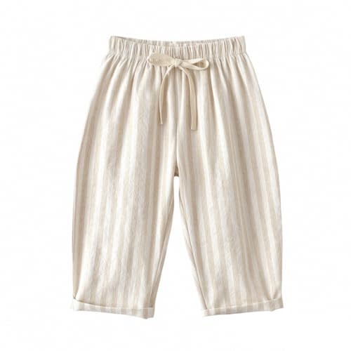 Toddler Boys Cute Striped Pants Baby Girls Baggy Cotton Linen Sweatpants with Drawstring Summer Elastic Waist Barrel