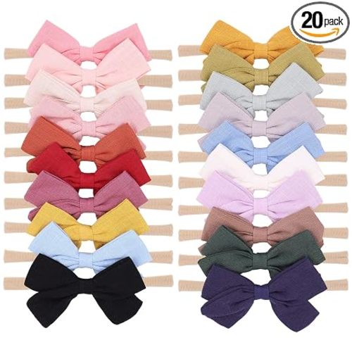 jollybows 20pcs Baby Girls Nylon Hair Bows Headbands Linen Hair Bands | Elastic Hair Accessories for Kids Infants Newborn