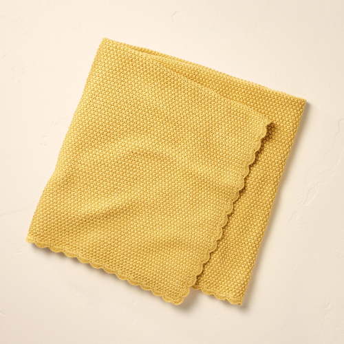 Scalloped Trim Knit Baby Blanket Mustard Yellow: Acrylic Cotton Throw, OEKO-TEX Certified