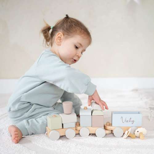 Personalised Wooden Blocks Train Set: Pastel Baby Toy, 1st Birthday Gift