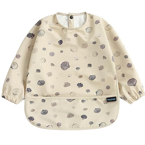 PewinGo Baby Bib with Long Sleeves Bib & BLW, Machine Washable & Soft and Skin-Friendly Material, Coverall Bibs for Baby Feeding, Waterproof and Easy to Clean, for Baby Infant Toddlers (Beige)