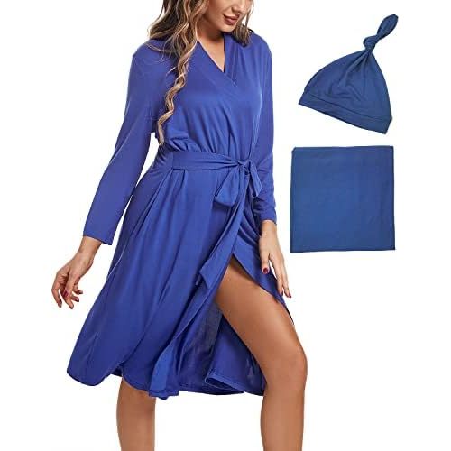 SUFEINI Maternity Mommy Robes with Matching Swaddle Blanket Set, Maternity Mommy Postpartum Bathrobe Sleepwear