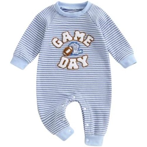 Infant Baby Boy Long Sleeve Romper Jumpsuit Pants Football Game Day Stripe Waffle Knit Outfit Fall Winter Clothes