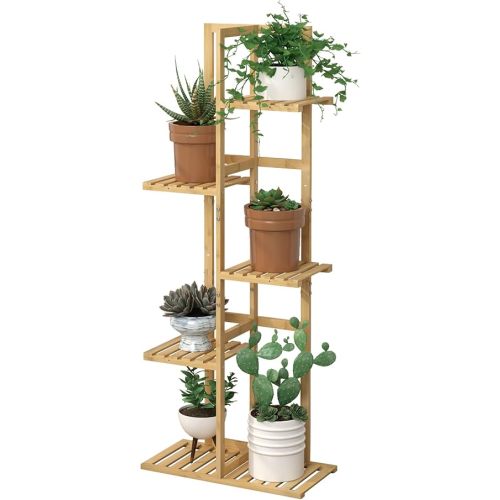 Laiensia Bamboo 5 Tier 6 Potted Plant Stand Rack Multiple Flower Pot Holder Shelf, Indoor&Outdoor Planter Display Shelves for Patio Garden, Living Room, Corner Balcony and Bedroom,Wood Color