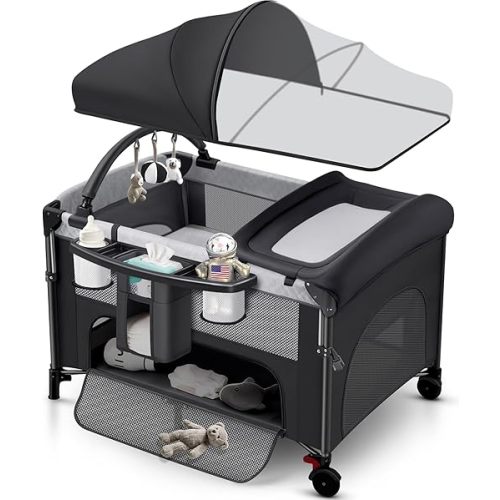 4 in 1 Baby Bassinet Bedside Crib with One-Hand Setup & Waterproof Mattress – ASTM-Certified Pack and Play, Portable Foldable Playard with Diaper Changer for Newborn to Toddler(Black)