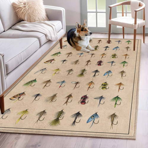 Area Rug for Living Room, Ocean Fishhooks Non-Slip Indoor Large Carpet for Bedroom/Dining Room, Vintage Coastal Fishing Pattern Brown Washable Low-Profile Rectangle Floor Runner Rugs - 4 x 6 Ft