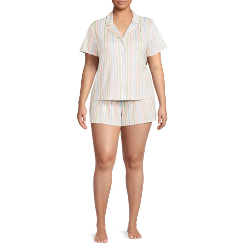 Be Yourself Women’s and Women’s Plus Short Sleeve Notch Collar Top and Pajama Shorts, 2-Piece Set