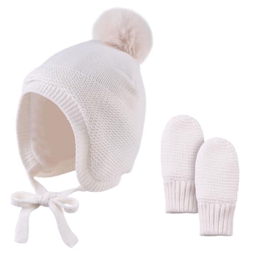 Basic Winter Baby Beanie Gloves Boys Girls Knitted Hat Pompom Kids Earflap Hats Warm Infant Toddler Beanie Mittens Set