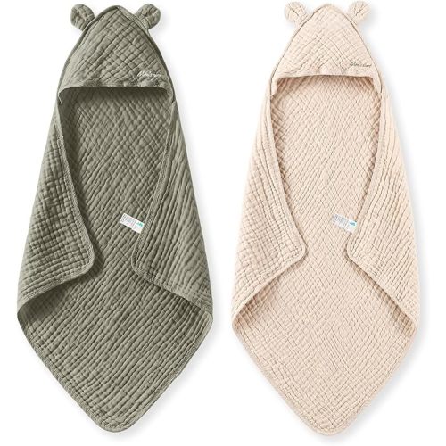 Momcozy Baby Towels, 6-Layer 100% Cotton Muslin Hooded Baby Towel Set for Newborn, Infant & Toddler, Soft Absorbent Baby Bath Essentials, Large 32 x 32 Inch