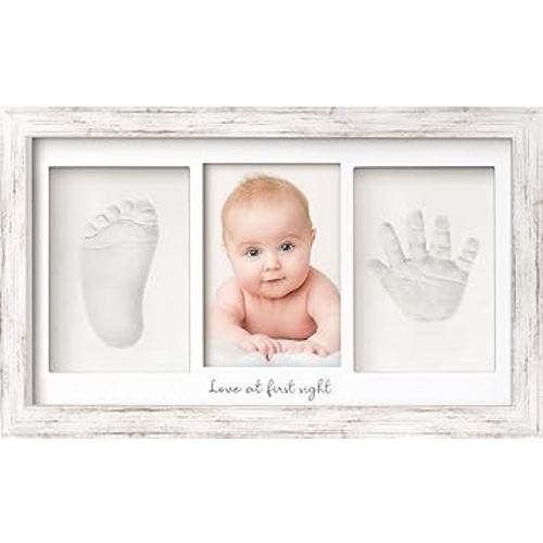 Baby Hand and Footprint Kit - Clay Handprint Keepsake Frame, Newborn Nursery Picture Frame, Personalized New Mom Gifts for Baby Shower & Registry (Vintage White)