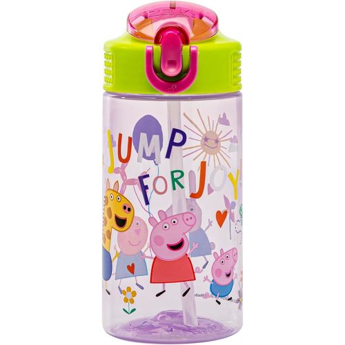 Zak Designs Peppa Pig Kids Water Bottle For School or Travel, 16oz Durable Plastic Water Bottle With Straw, Handle, and Leak-Proof, Pop-Up Spout Cover (Peppa & Friends)