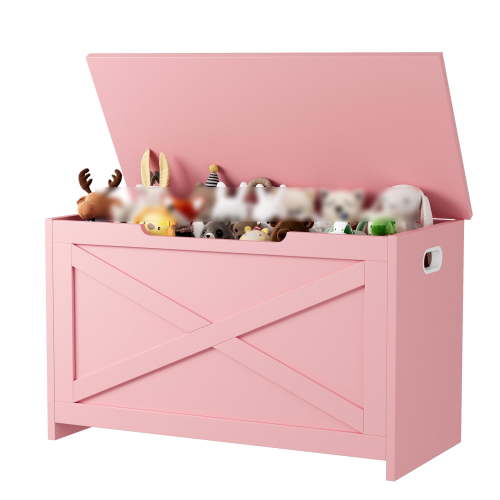Towallmark Wooden Storage Bench, Wooden Toy Box Chest, Large Storage Cabinet with Safety Hinge for Entryway, Bedroom & Living Room, 30"x15.78"x17.7", Pink