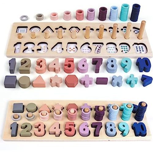 QZMTOY Counting Shape Stacker Wooden Count Sort Stacking Tower with Wood Colorful Number Shape Math Blocks for Kids Preschool Educational Toddlers Toy