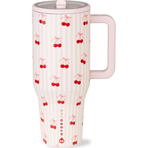 HydroJug Traveler 40 oz Water Bottle with Handle & Flip Straw | Fits in Cup Holder | Leak Resistant Tumbler | Reusable Insulated Stainless Steel | Rubber Base | Gifts for Women & Men | Sweet Cherry