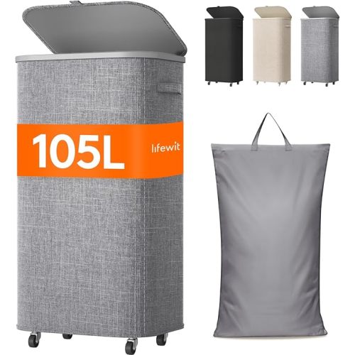 Lifewit 105L Plastic Laundry Basket with Lid, Large Clothes Hamper with Wheels and Removable Bag, Tall Collapsible Rolling Storage Bin for Dorm Bedroom Bathroom, Light Gray