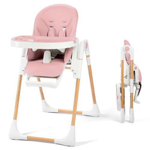 AILEEKISS Foldable High Chair for Baby, Toddler Eating Chair with Detachable Double Trays, Natural Pink
