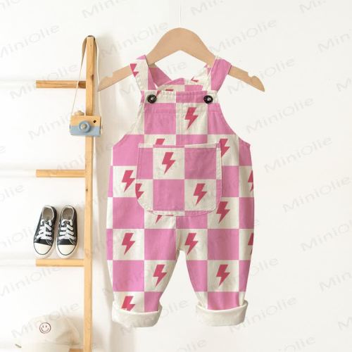 Baby Toddler Pink Checkerboard Lightning Overalls