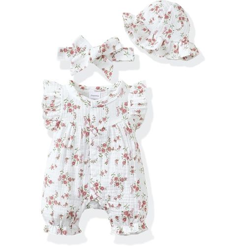 Renotemy Baby Girl Clothes Outfits Infant Summer Romper Cotton Linen Preemie Newborn Essentials Photography with Hat&Headband
