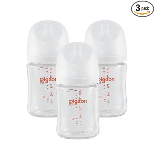 Pigeon Glass Nursing Bottle Wide Neck, Nurture & Nest, Anti-Colic, Streamlined Body, Natural Feel, Easy to Clean, Heat-Resistant, 5.4 Oz (Pack of 3), Includes 3pcs Stage 1 Nipples (0m+)