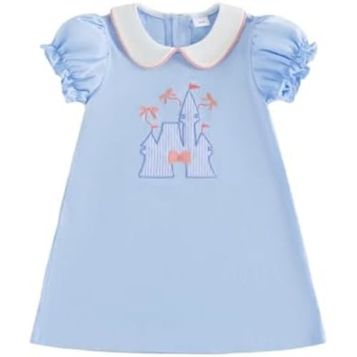 Kids Baby Girl Summer Outfit Puff Sleeve Doll Collar Bow Castle Embroidery A-line Dress Toddler Princess Dress