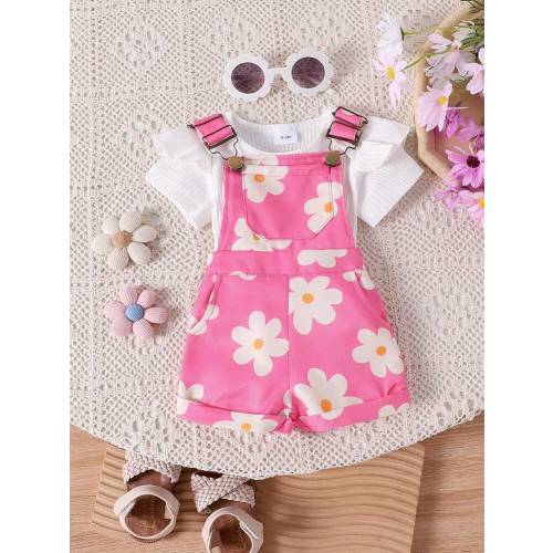2pcs Baby & Baby Girl Cute Short Sleeve Jumpsuit + Dungaree Shorts Outfit Set, Lightweight Summer | SHEIN USA