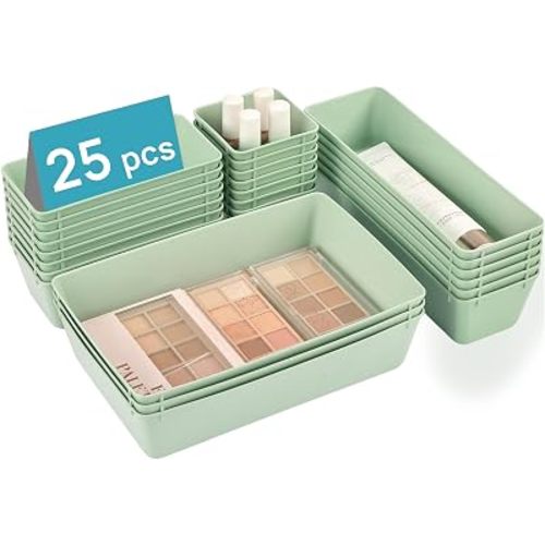 Vtopmart 25 PCS Plastic Drawer Organizers Set, 4-Size Versatile Bathroom and Vanity Drawer Organizer Trays, Storage Bins for Makeup, Bedroom, Kitchen Gadgets Utensils and Office