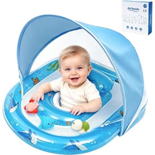 Inflatable Baby Pool Float with Canopy & 3 Floating Animal Toys