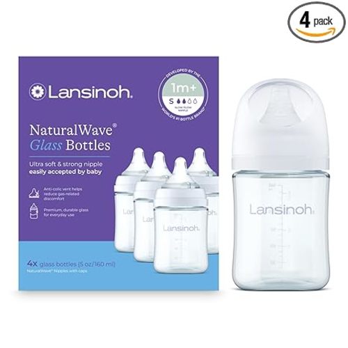 Lansinoh Glass Baby Bottles, Anti-Colic, White, 5oz, 4 Count, with Slow Flow Nipples (Size S, 1-3 Months), Baby Feeding Essentials