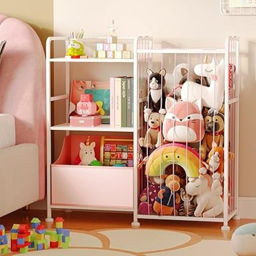 BBLIKE Kids Bookshelf and Toy Storage Organizer, Stuffed Animal Storage Holder with Fabric Toy Chest, 2-Tier Toddler Book Shelf for Kids Room, Playroom, Nursery, Pink