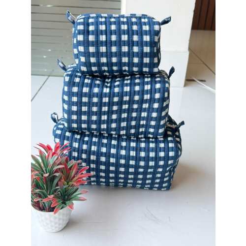 Blue Quilted Cosmetic & Toiletry Bag Set - Handmade Cotton Makeup Organizer With Zipper - Checkered Travel Toiletry Pouch