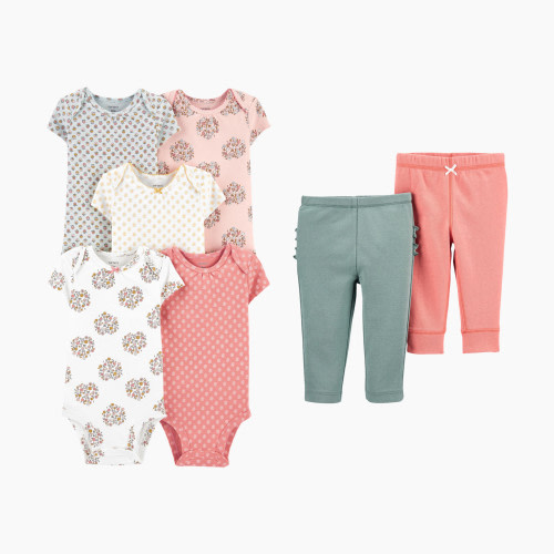 Carter's Short Sleeve Bodysuit with Pant Set - Floral Geo Prints/Peach/Dusty Teal Ruffle, 3M