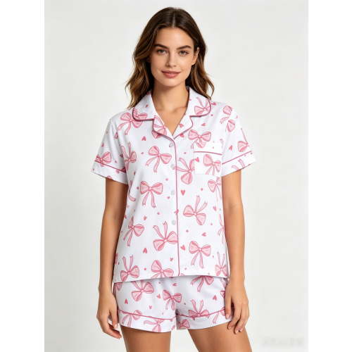 VONCOS Womens Pink Bow Print Short Sleeve 2 Piece Pajama Set Soft Breathable Sleepwear Lounge Shorts Set,Size XL