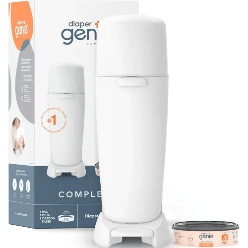 Diaper Genie Complete Diaper Pail (White) – Includes 1 Refill (Holds 270 Newborn Diapers) & 1 Carbon Filter