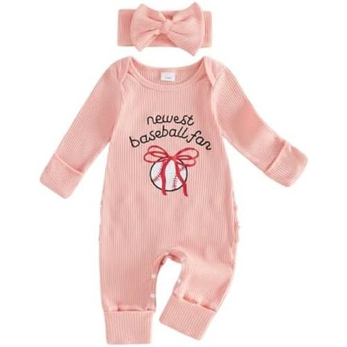 Baby Girls Fall Outfits Football/Soccer Letter Embroidery Long Sleeve Crewneck Jumpsuit and Headband Set Clothes