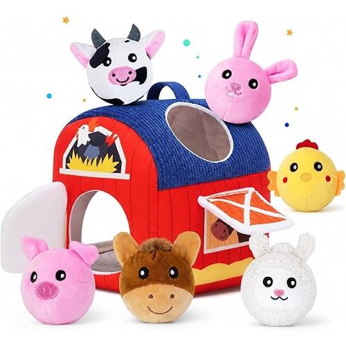 Baby Farm Barn Toy, Montessori Sensory Toy with 6 Stuffed Farm Animals, Rattle Crinkle Mirror Plush Toy for Babies 6-12 Months, Toddler Gift