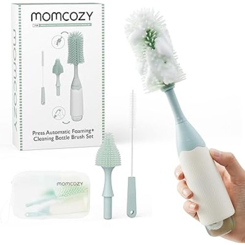 Momcozy 7 in 1 Travel Bottle Cleaning Kit - Baby Bottle Cleaner Set with Silicone Brush, Nipple Brush, Straw Brush, Soap Dispenser, Drying Rack - Home and Travel Bottle Cleaning Tools for Infants
